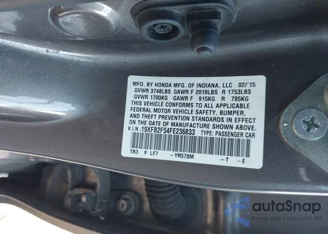 2015 Honda Civic Lx z USA, uszkodzony, nr VIN 19XFB2F54FE236833